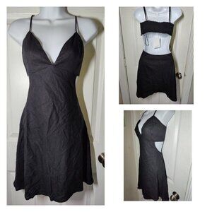 Nia The Brand Black Linen Blend Sexy V-Neck Mini Dress W Cutouts Smocked L NWT
